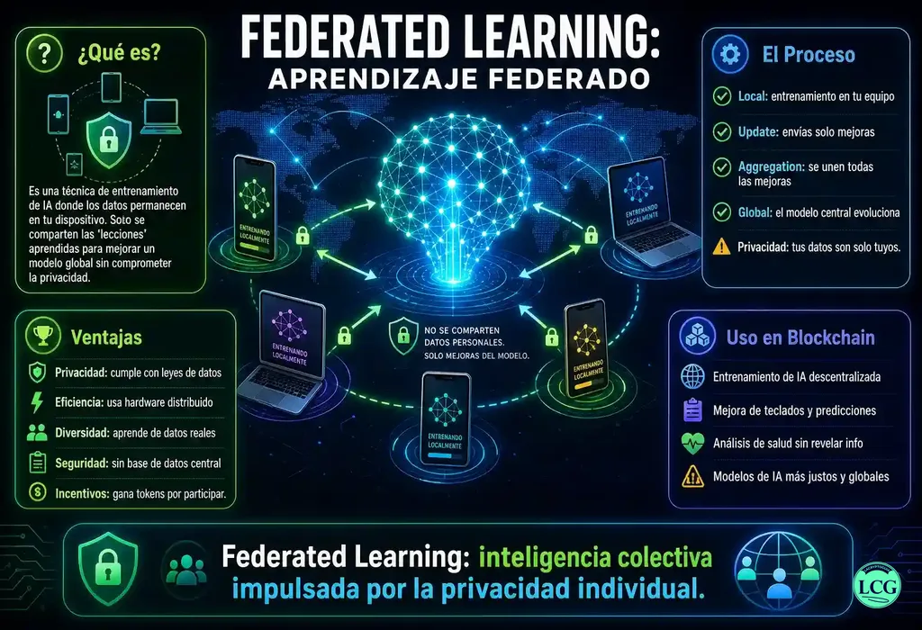 Infograf&iacute;a explicativa sobre Federated Learning en blockchain y crypto