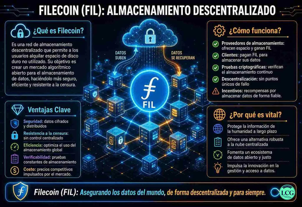 Infograf&iacute;a explicativa sobre Filecoin (Fil) en blockchain y crypto