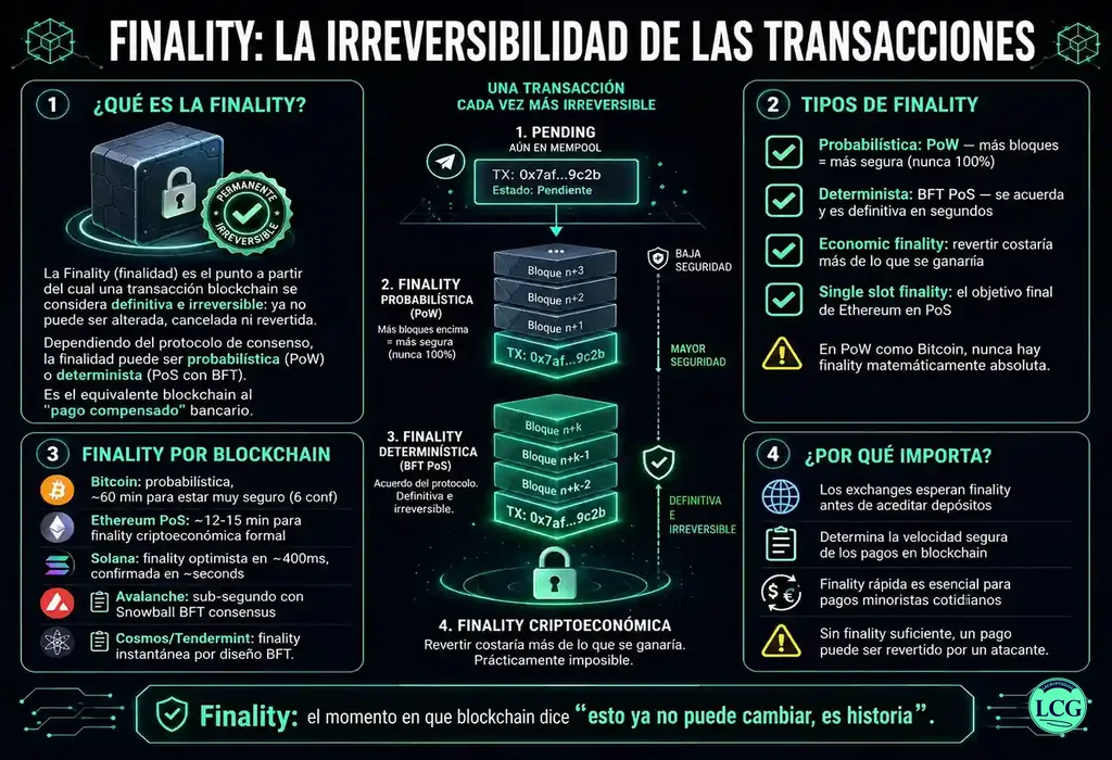 Infograf&iacute;a explicativa sobre Finality en blockchain y crypto