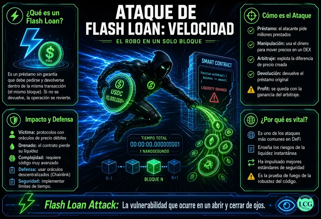 Infograf&iacute;a explicativa sobre Flash Loan Attack en blockchain y crypto