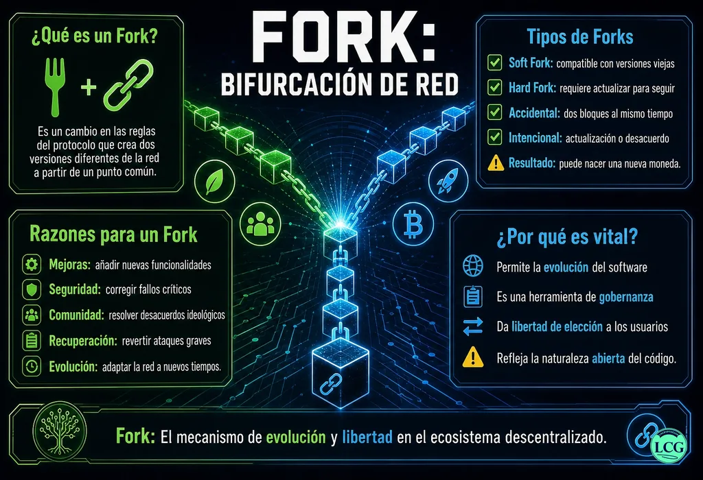 Infograf&iacute;a explicativa sobre Fork en blockchain y crypto