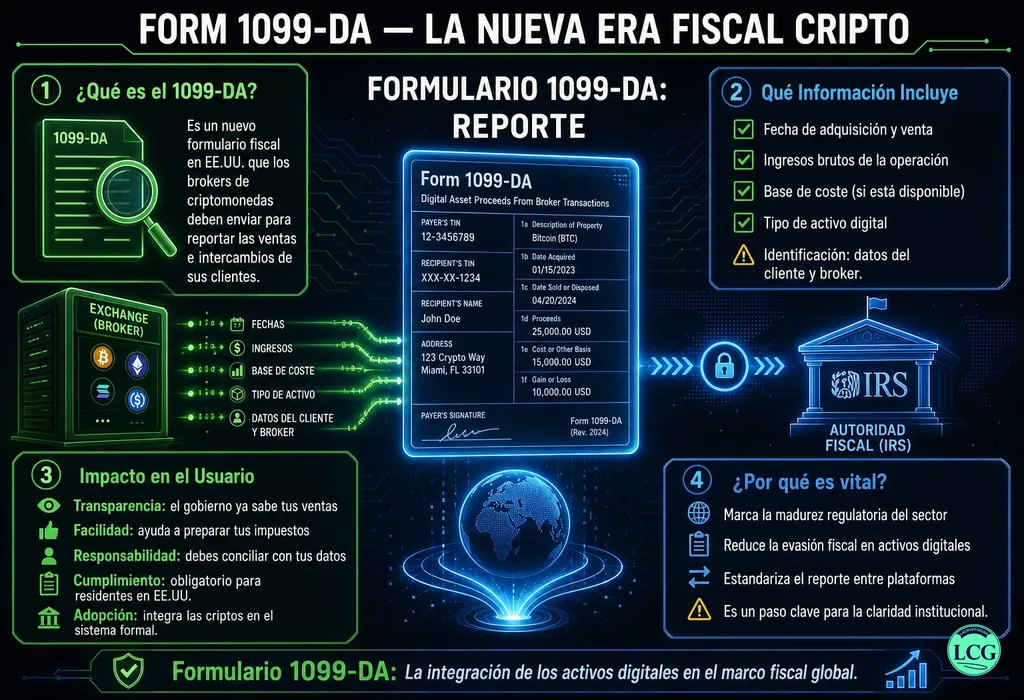 Infograf&iacute;a explicativa sobre Form 1099 Da en blockchain y crypto