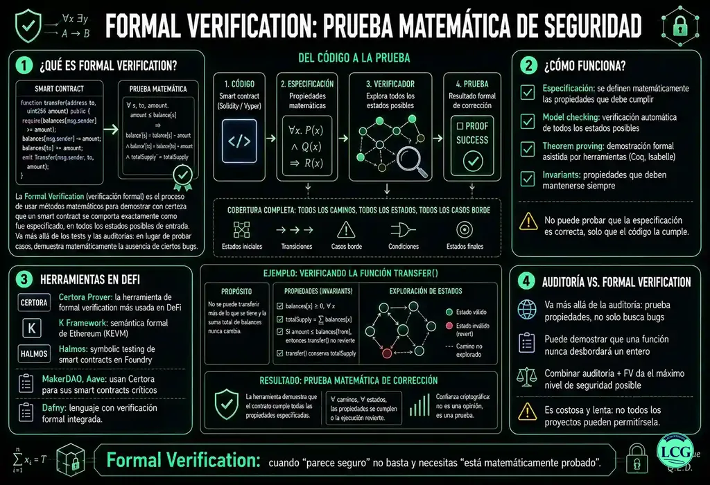 Infograf&iacute;a explicativa sobre Formal Verification en blockchain y crypto