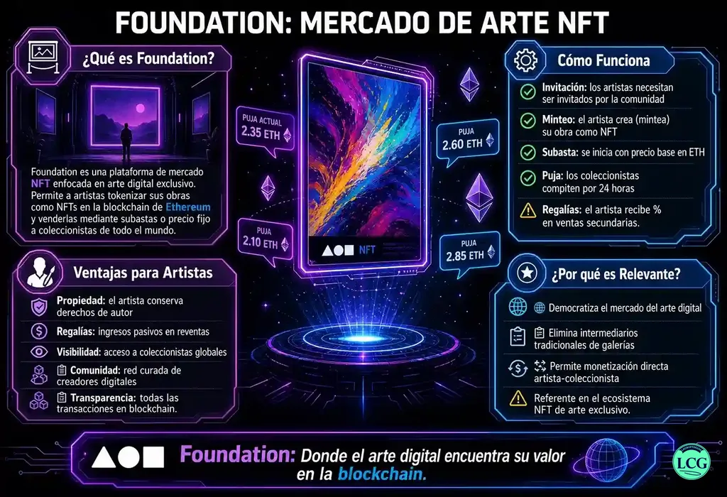 Infograf&iacute;a explicativa sobre Foundation (Nft) en blockchain y crypto