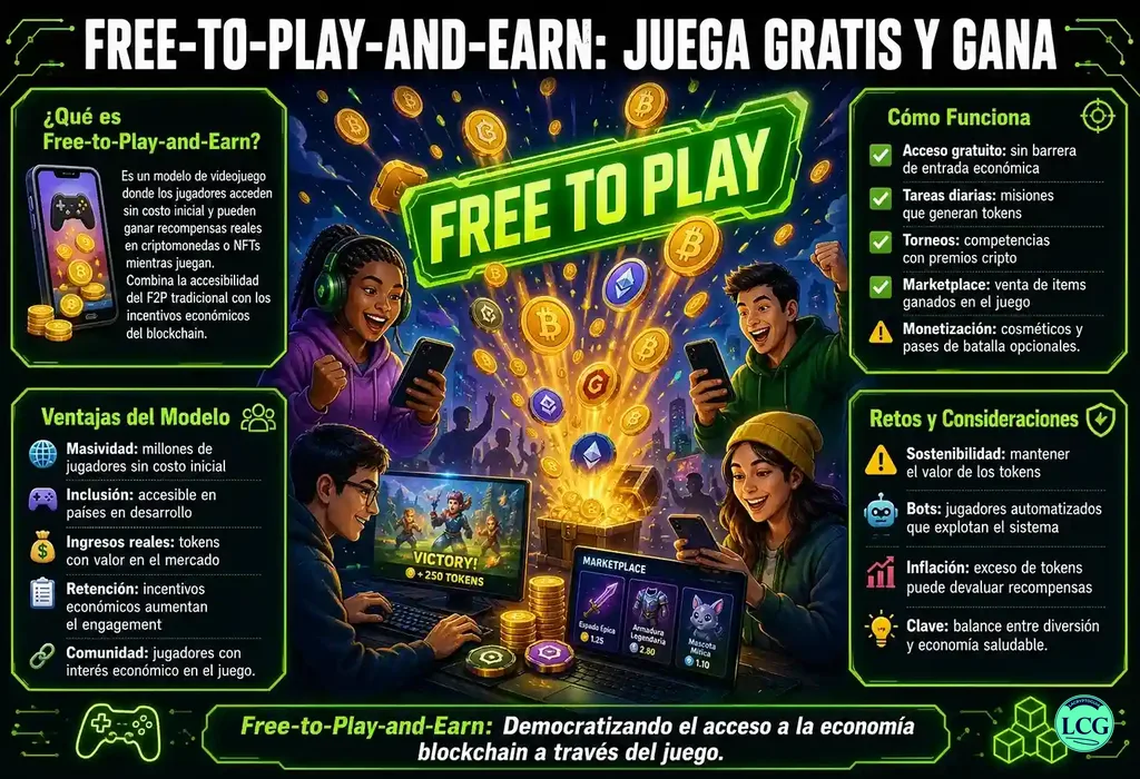 Infograf&iacute;a explicativa sobre Free To Play And Earn en blockchain y crypto