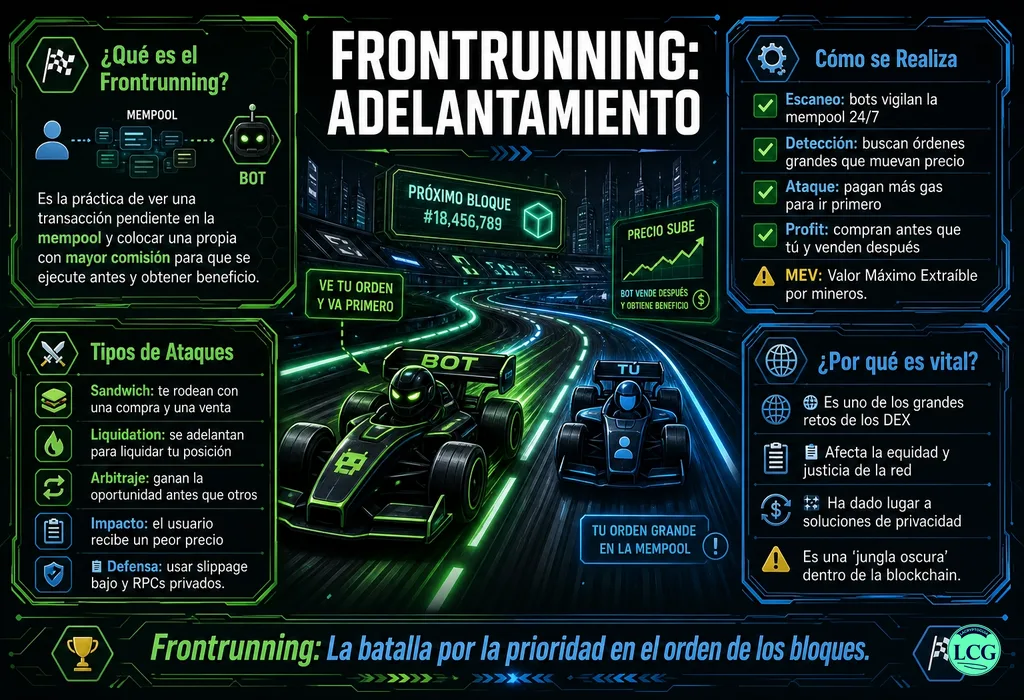 Infograf&iacute;a explicativa sobre Frontrunning en blockchain y crypto