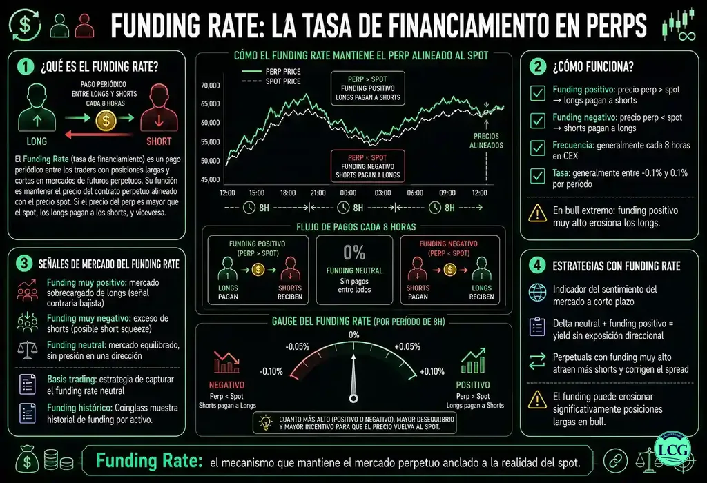 Infograf&iacute;a explicativa sobre Funding Rate en blockchain y crypto
