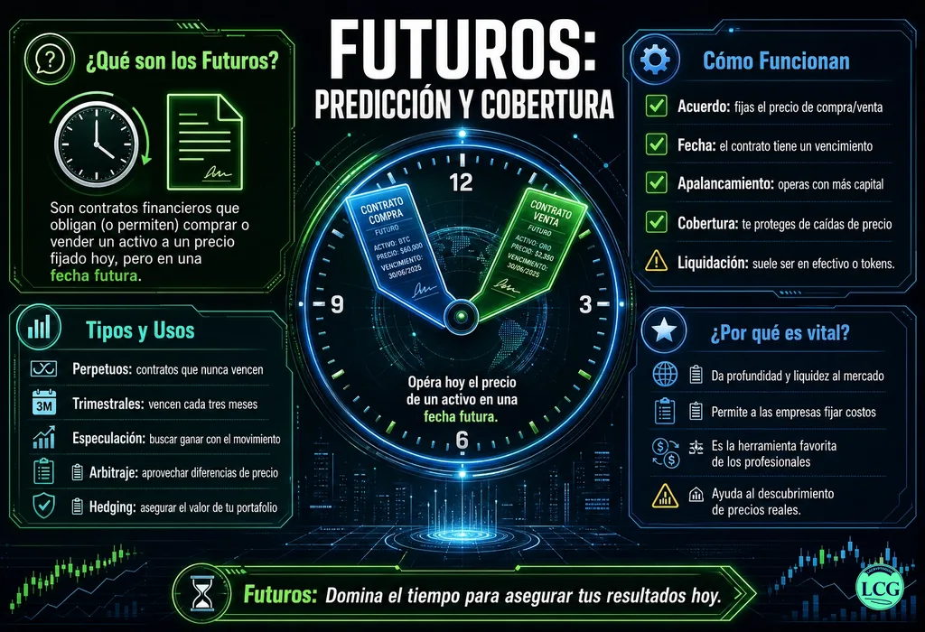 Infografía explicativa sobre Futures en blockchain y crypto