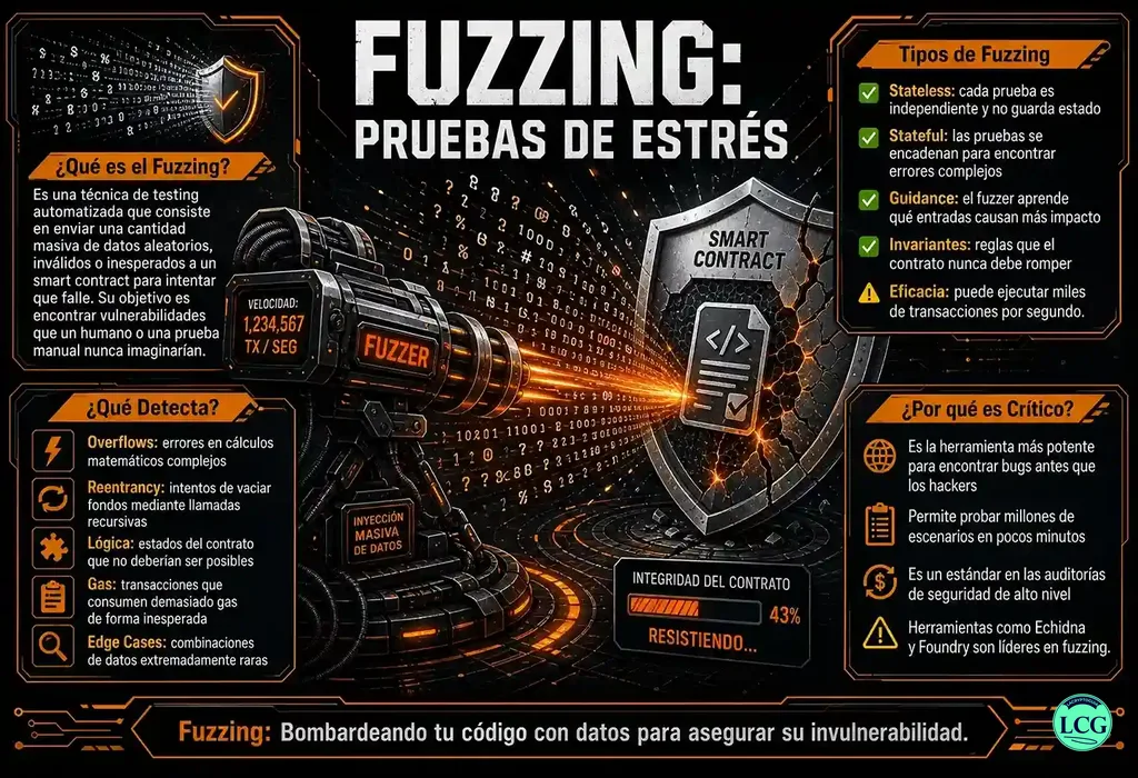 Infograf&iacute;a explicativa sobre Fuzzing (Smart Contracts) en blockchain y crypto