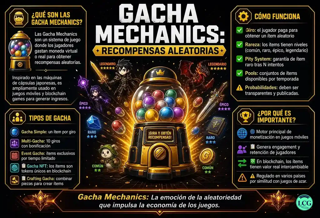 Infograf&iacute;a explicativa sobre Gacha Mechanics en blockchain y crypto