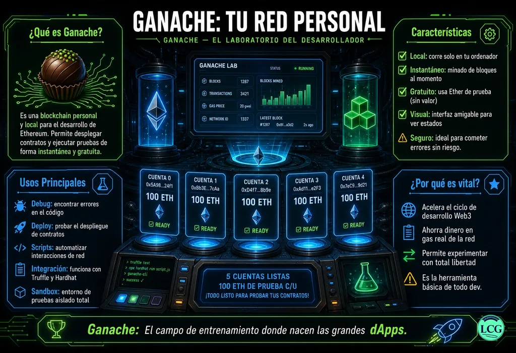 Infograf&iacute;a explicativa sobre Ganache en blockchain y crypto