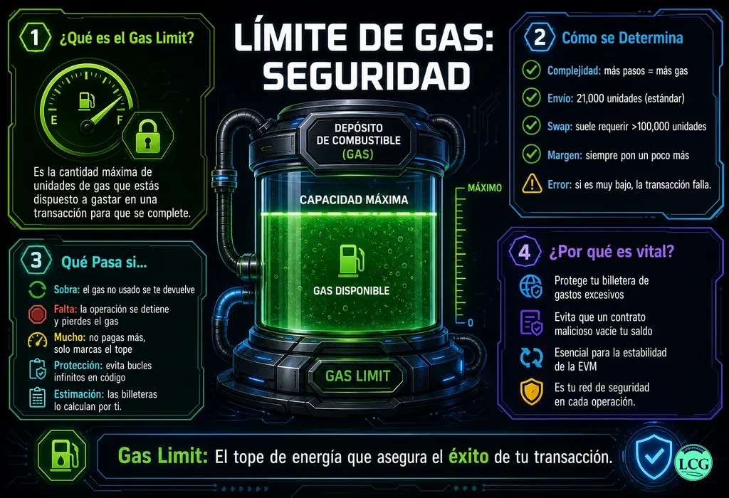 Infograf&iacute;a explicativa sobre Gas Limit en blockchain y crypto