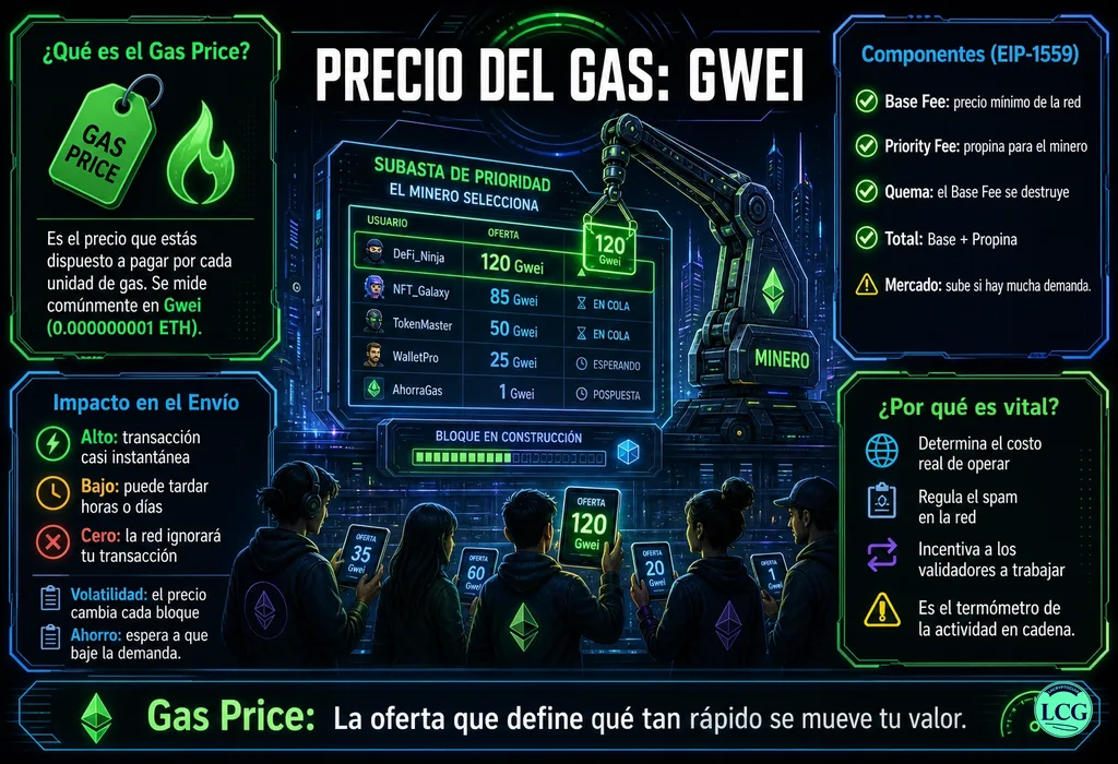 Infograf&iacute;a explicativa sobre Gas Price en blockchain y crypto