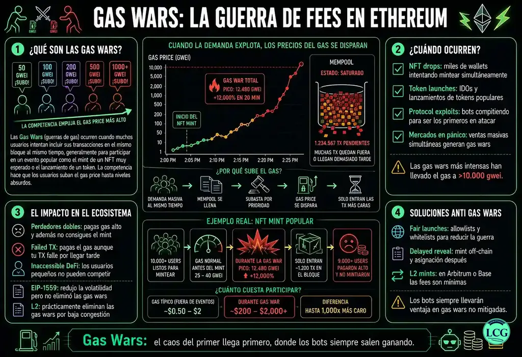 Infograf&iacute;a explicativa sobre Gas Wars en blockchain y crypto
