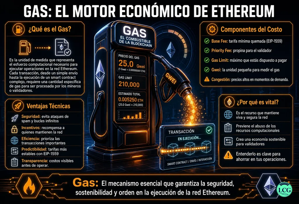 Infograf&iacute;a explicativa sobre Gas en blockchain y crypto