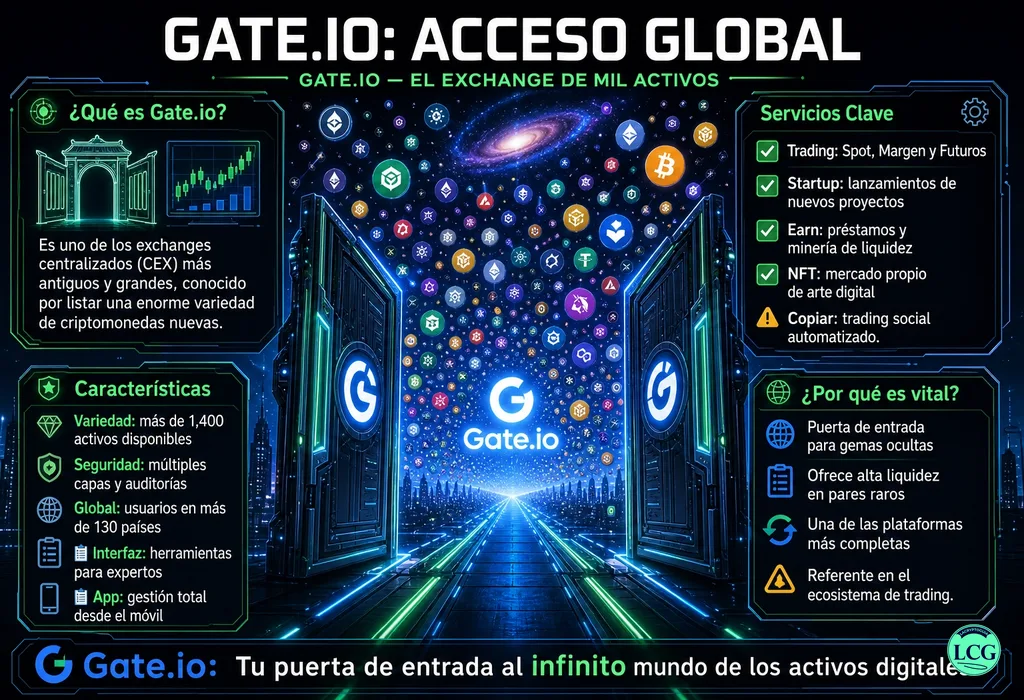 Infograf&iacute;a explicativa sobre Gate Io en blockchain y crypto