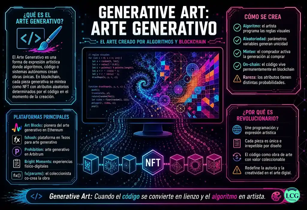 Infograf&iacute;a explicativa sobre Generative Art en blockchain y crypto