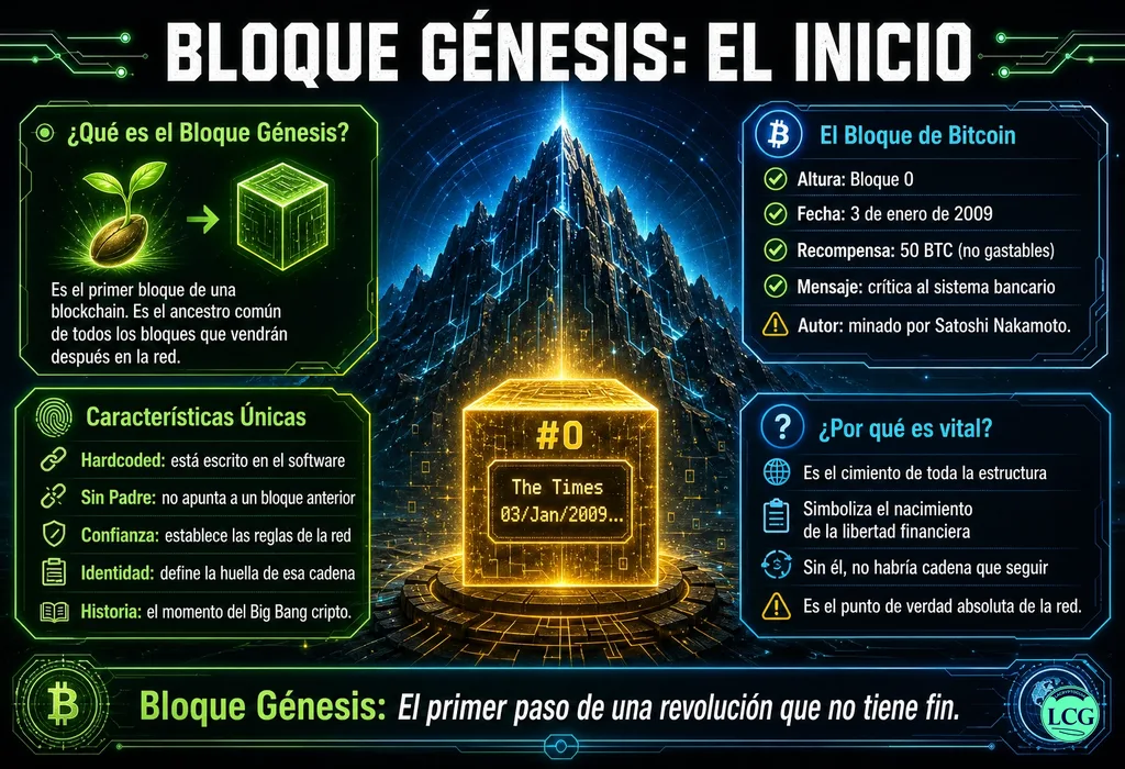 Infografía explicativa sobre Genesis Block en blockchain y crypto