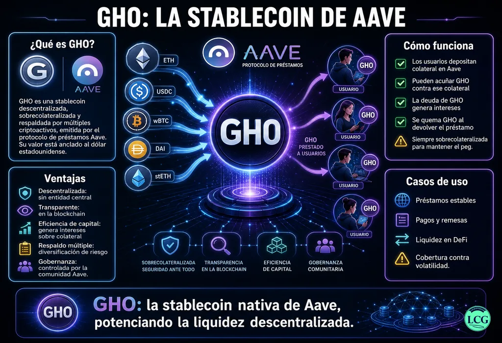 Infograf&iacute;a explicativa sobre Gho en blockchain y crypto