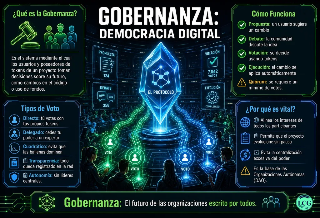 Infografía explicativa sobre Governance en blockchain y crypto