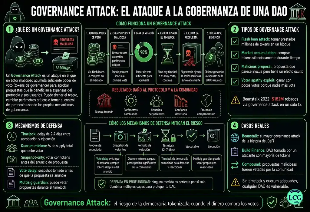 Infograf&iacute;a explicativa sobre Governance Attack en blockchain y crypto