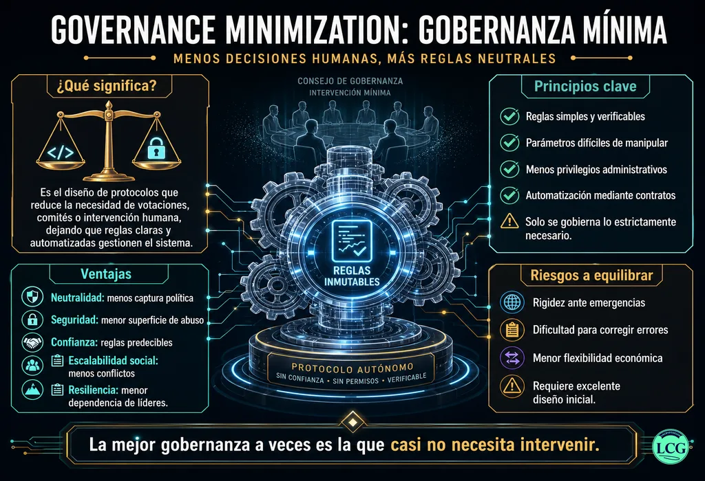 Infograf&iacute;a explicativa sobre Governance Minimization en blockchain y crypto