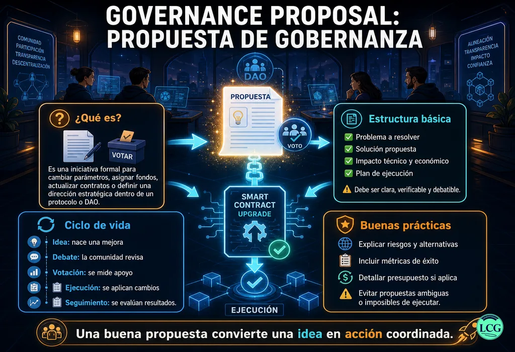 Infograf&iacute;a explicativa sobre Governance Proposal en blockchain y crypto