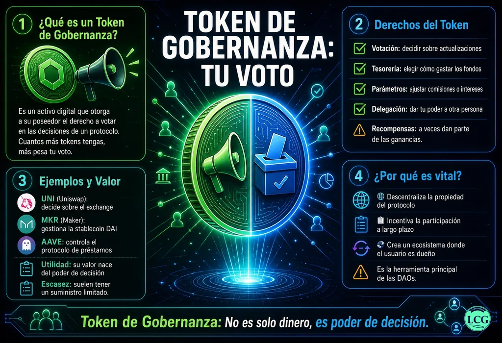 Infograf&iacute;a explicativa sobre Governance Token en blockchain y crypto