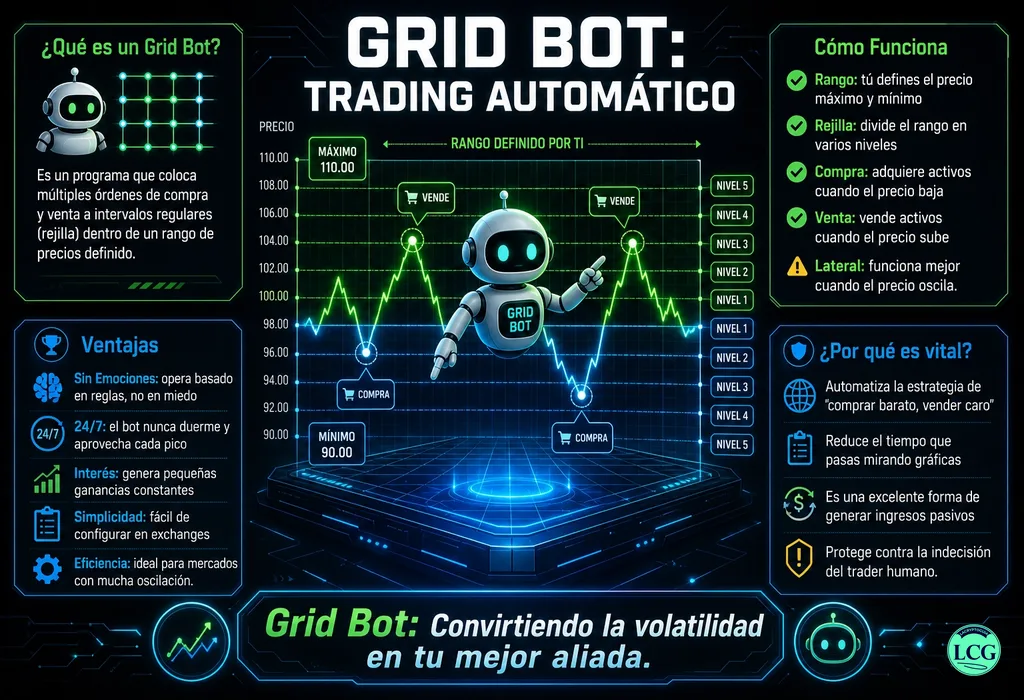 Infografía explicativa sobre Grid Trading Bot en blockchain y crypto