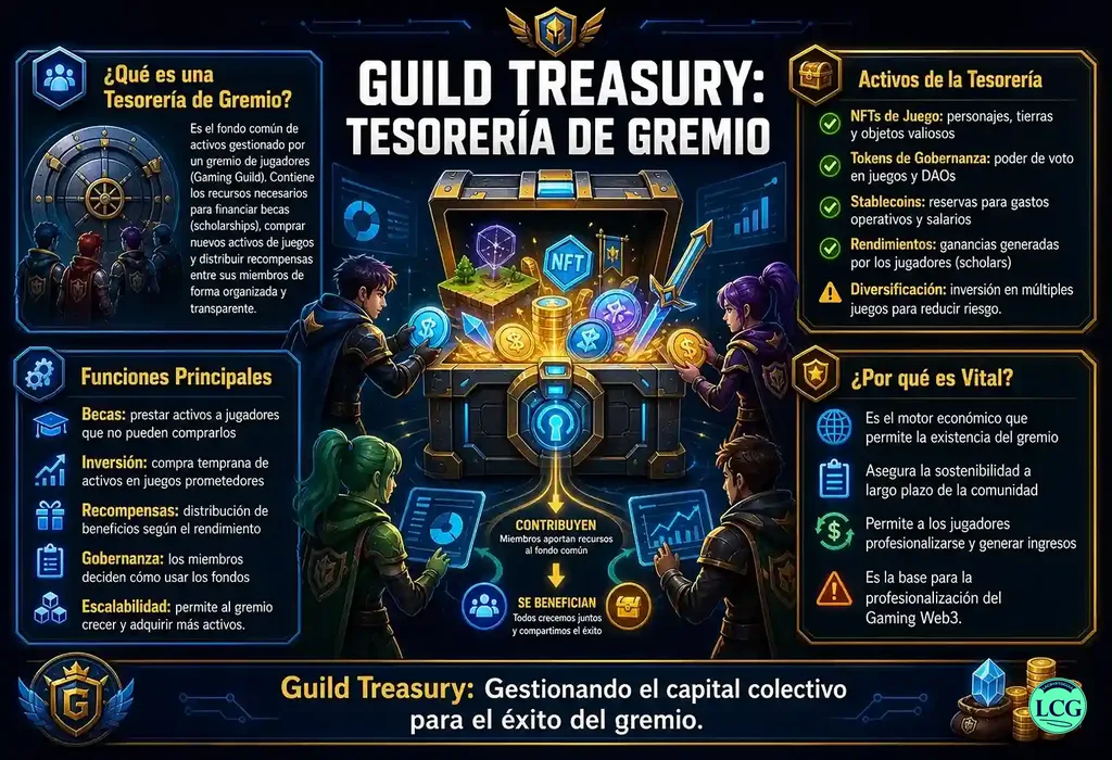 Infograf&iacute;a explicativa sobre Guild Treasury en blockchain y crypto