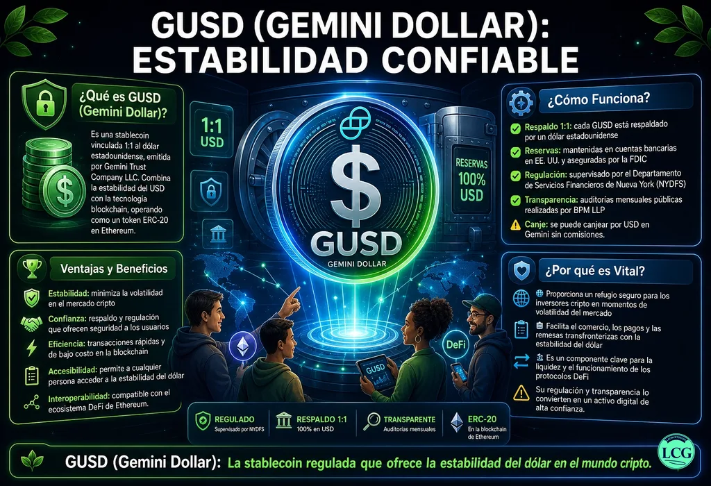 Infograf&iacute;a explicativa sobre Gusd en blockchain y crypto