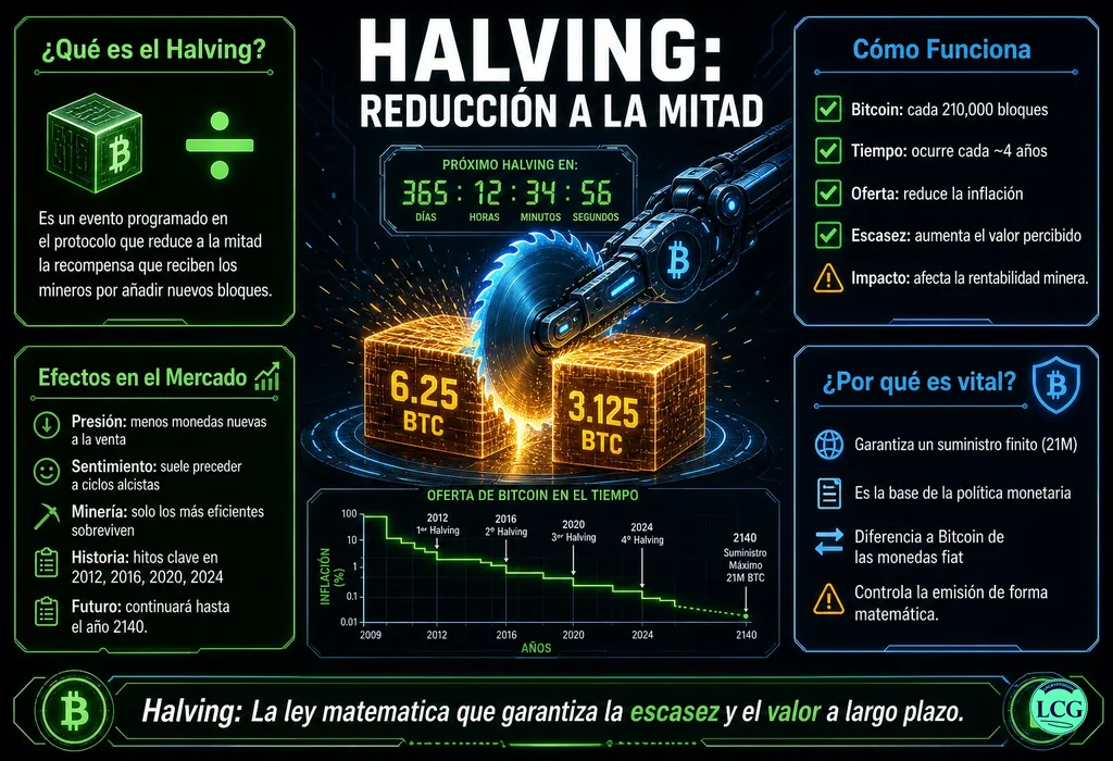 Infograf&iacute;a explicativa sobre Halving en blockchain y crypto