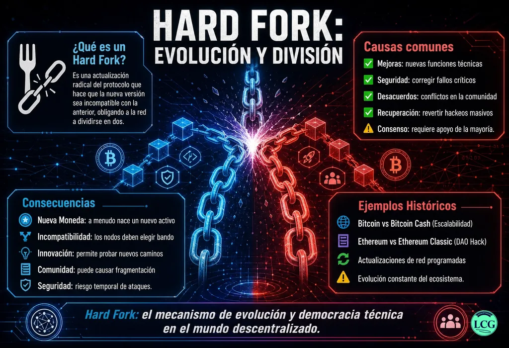Infograf&iacute;a explicativa sobre Hard Fork en blockchain y crypto