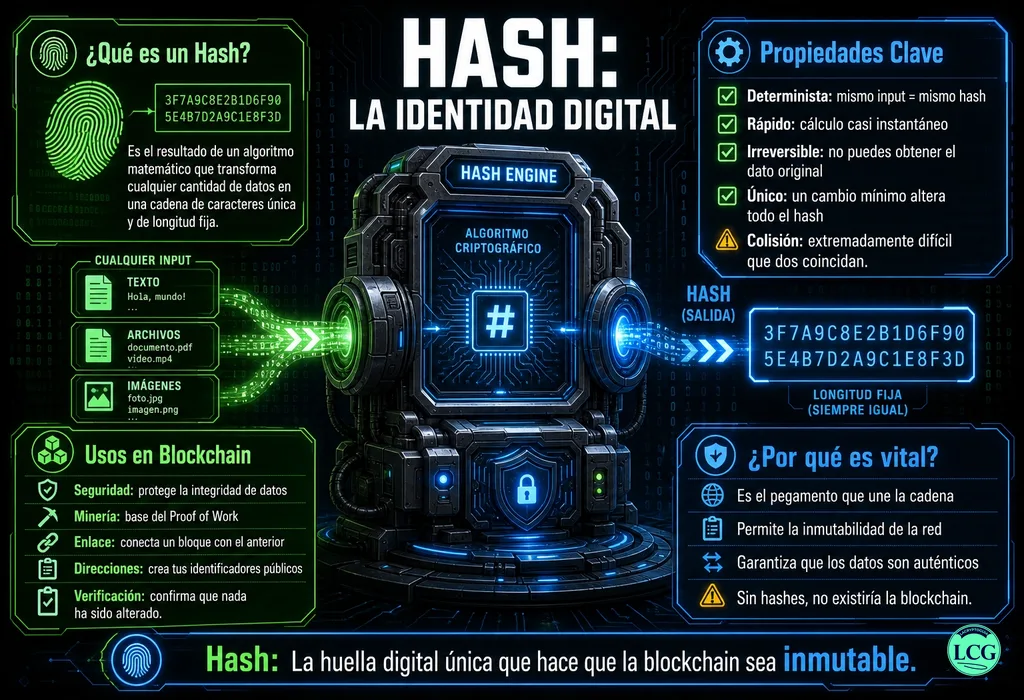 Infograf&iacute;a explicativa sobre Hash en blockchain y crypto