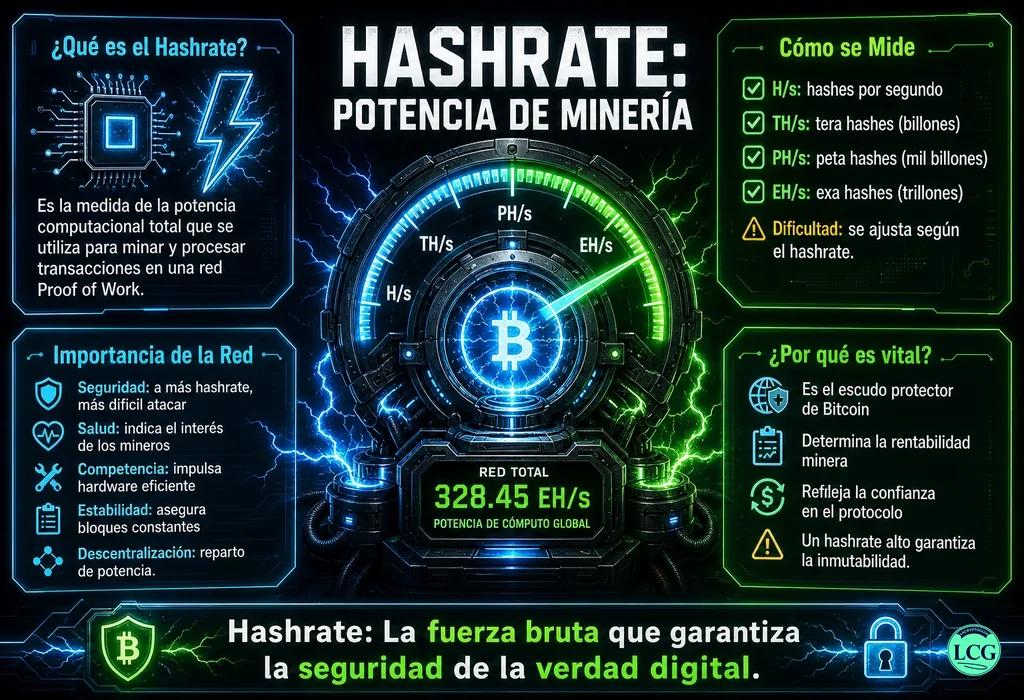 Infograf&iacute;a explicativa sobre Hashrate en blockchain y crypto