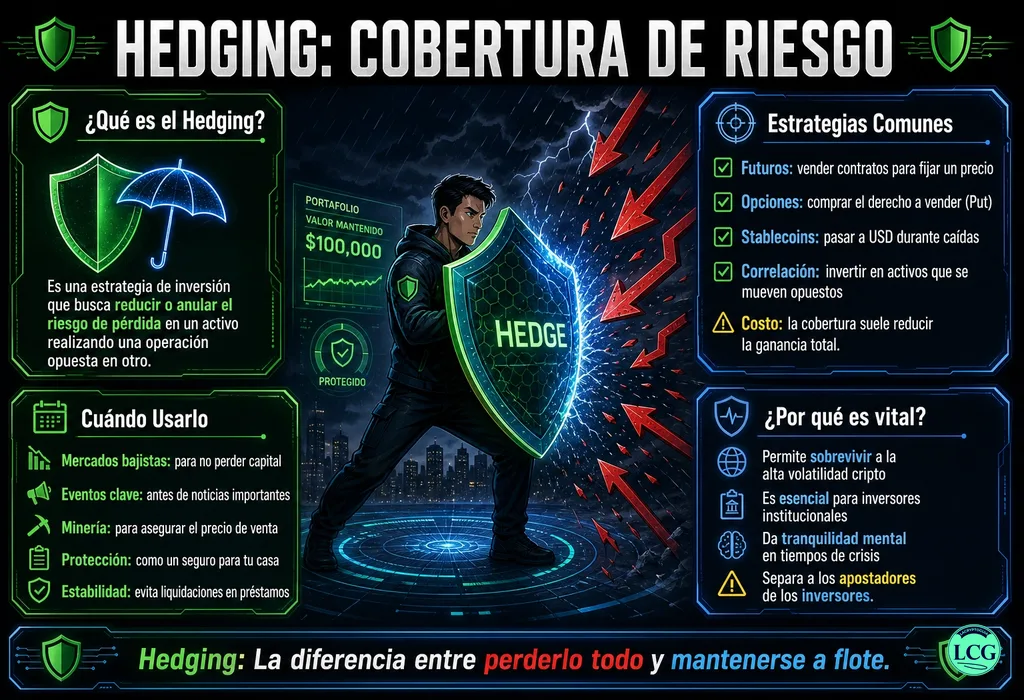 Infograf&iacute;a explicativa sobre Hedging en blockchain y crypto