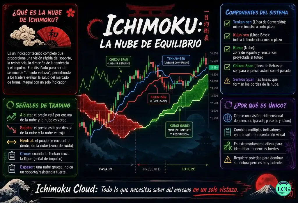Infograf&iacute;a explicativa sobre Ichimoku Cloud en blockchain y crypto