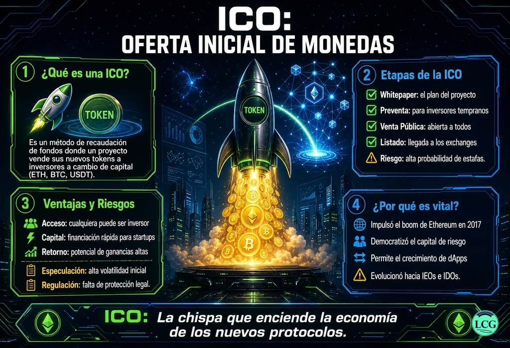 Infograf&iacute;a explicativa sobre Ico en blockchain y crypto