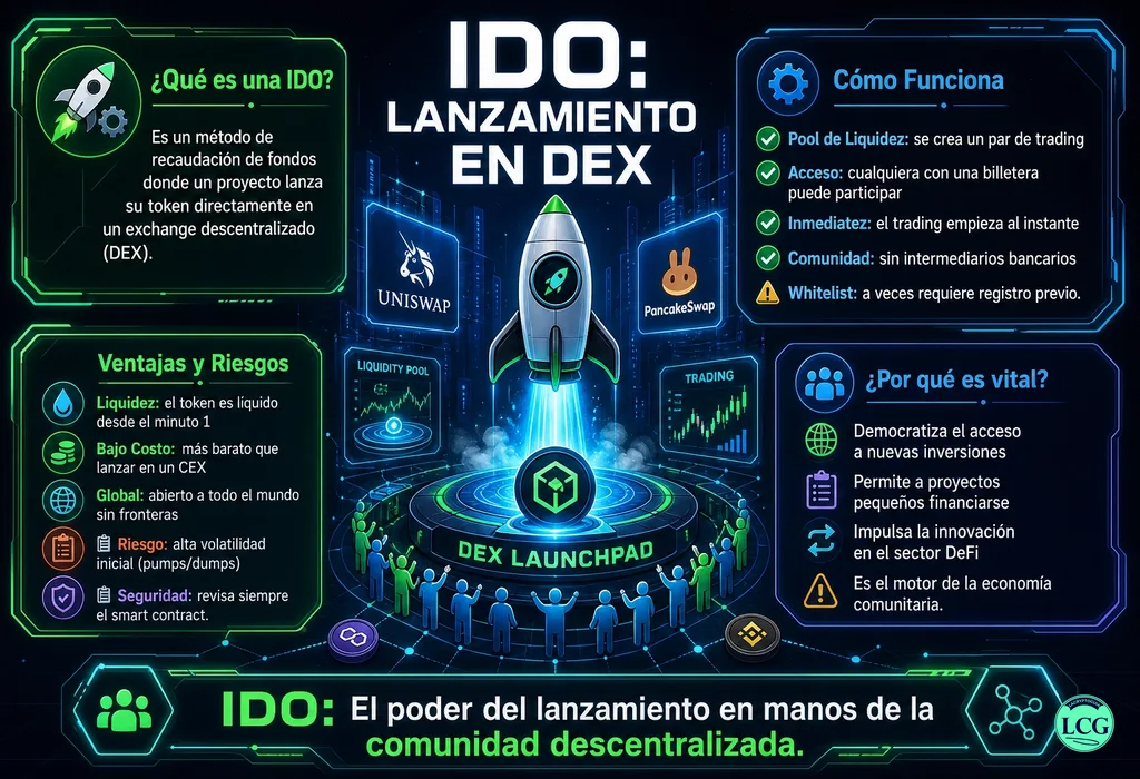 Infograf&iacute;a explicativa sobre Ido en blockchain y crypto