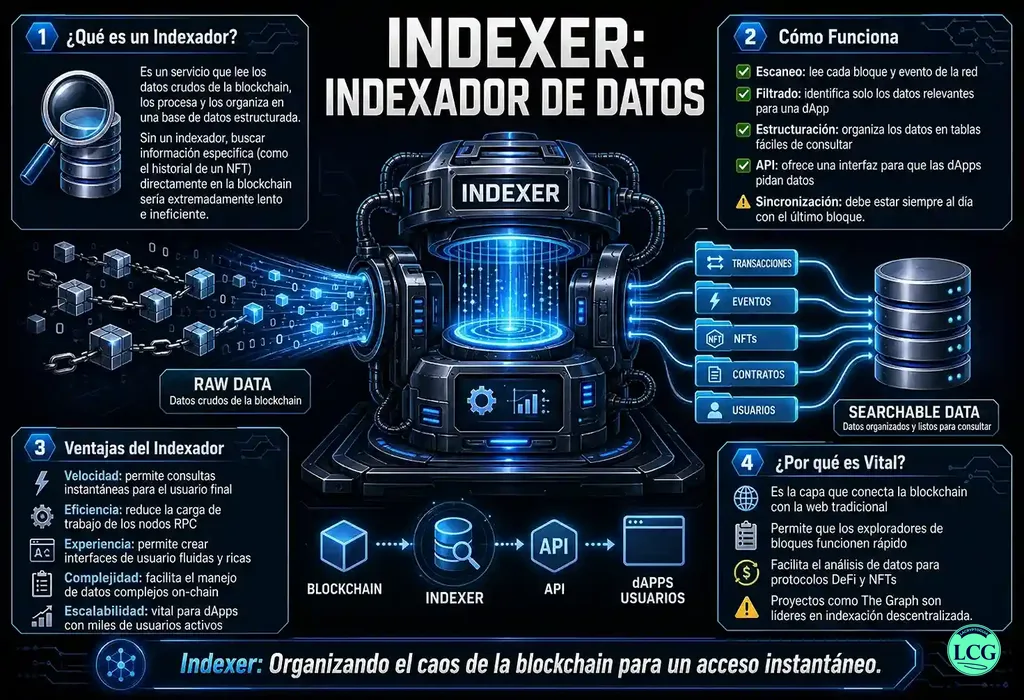 Infograf&iacute;a explicativa sobre Indexer (Blockchain) en blockchain y crypto