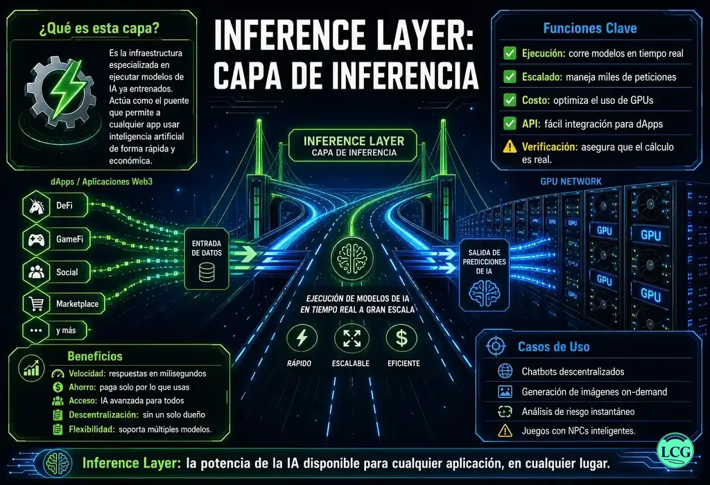 Infograf&iacute;a explicativa sobre Inference Layer en blockchain y crypto