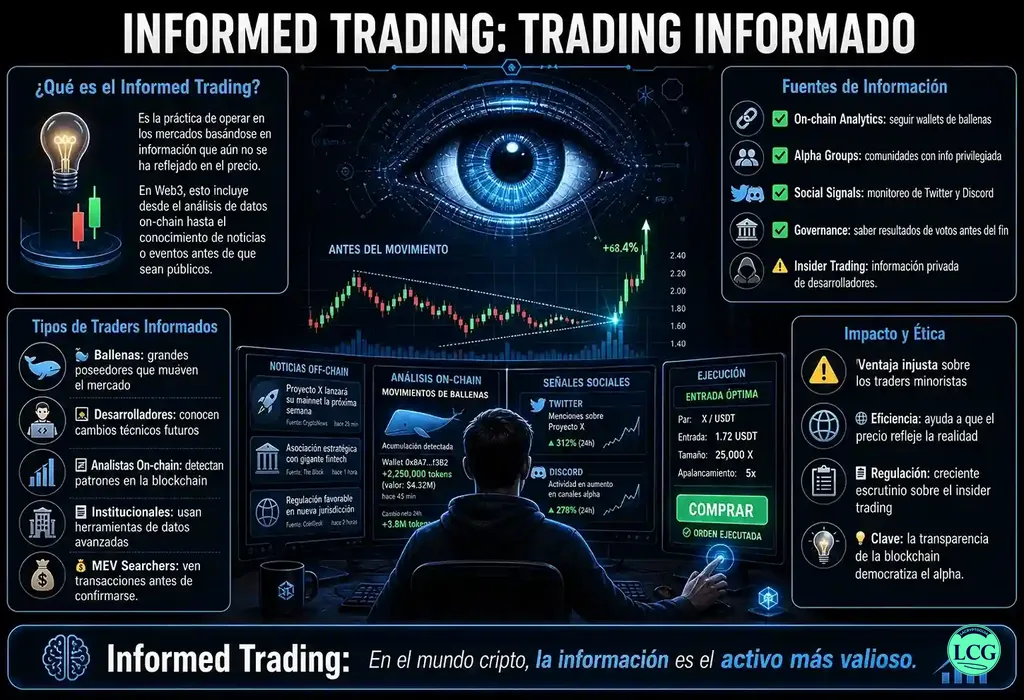 Infograf&iacute;a explicativa sobre Informed Trading en blockchain y crypto