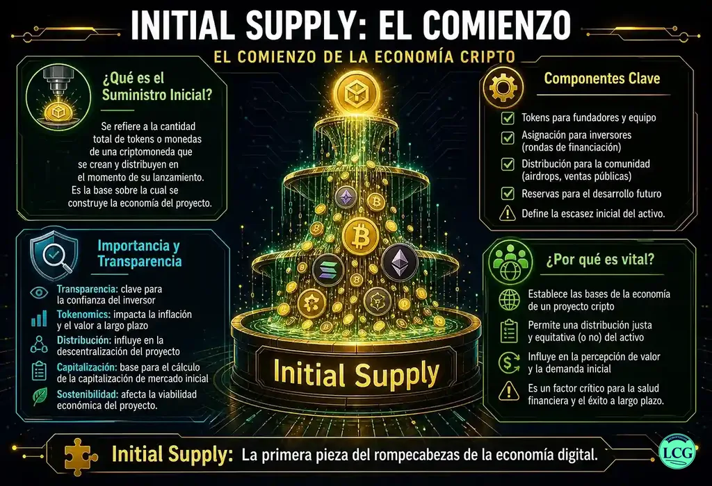 Infograf&iacute;a explicativa sobre Initial Supply en blockchain y crypto