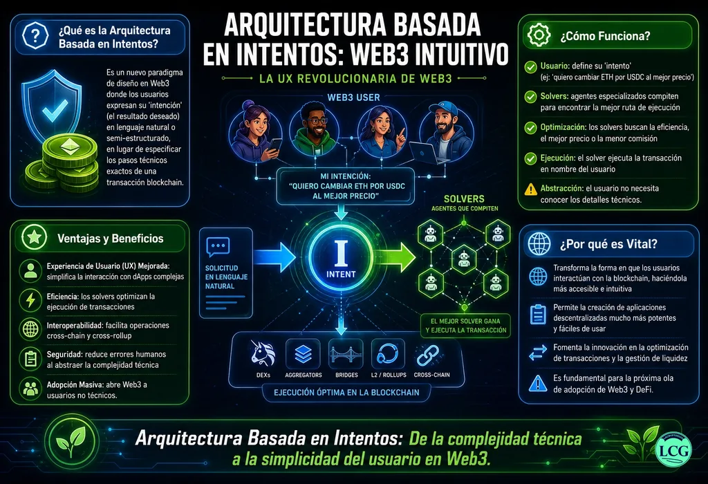 Infograf&iacute;a explicativa sobre Intent Based Architecture en blockchain y crypto
