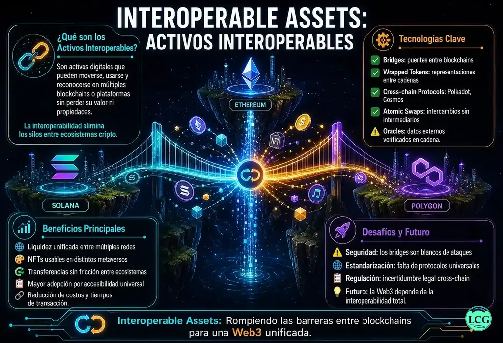 Infografía explicativa sobre Interoperable Assets en blockchain y crypto