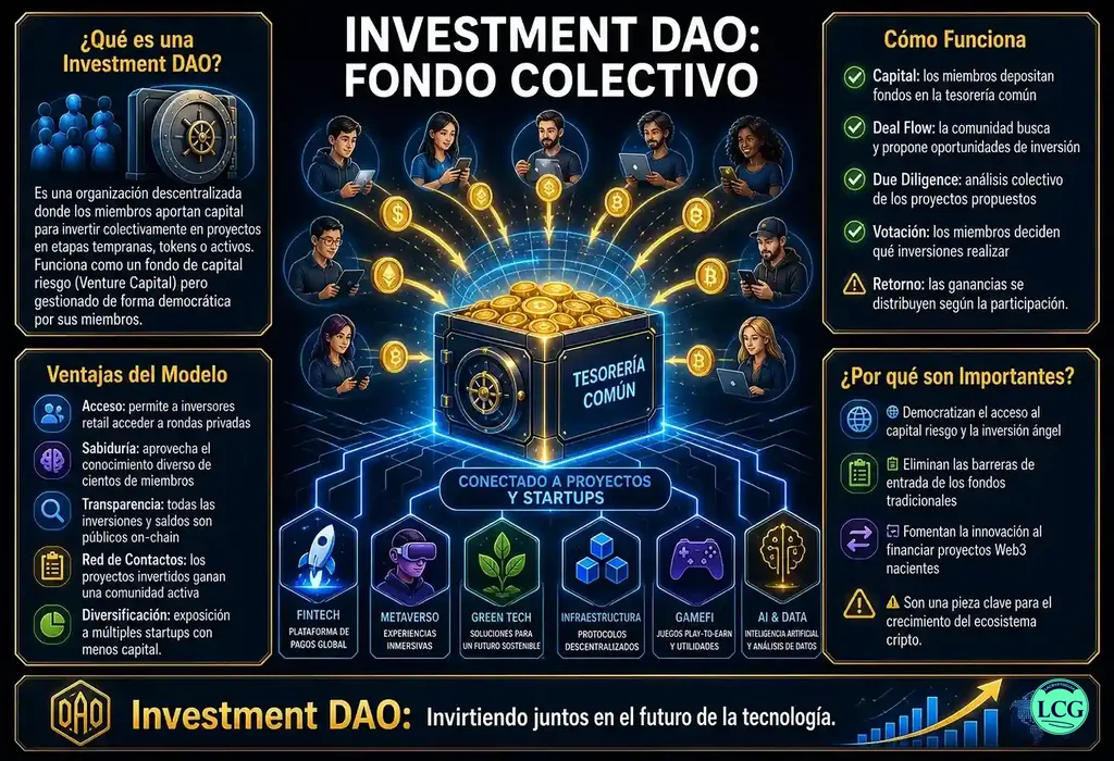 Infograf&iacute;a explicativa sobre Investment Dao en blockchain y crypto