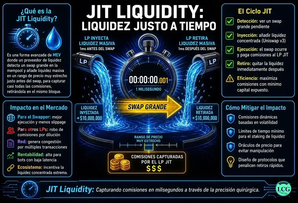 Infograf&iacute;a explicativa sobre Jit Liquidity (Just In Time Liquidity) en blockchain y crypto