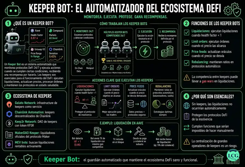 Infograf&iacute;a explicativa sobre Keeper Bot en blockchain y crypto