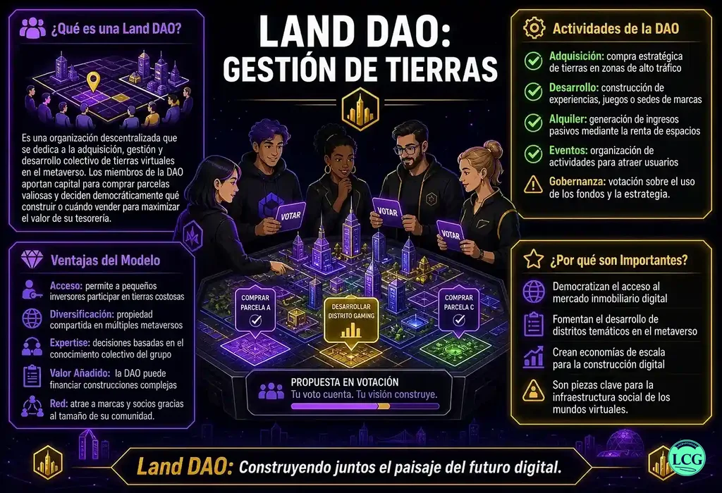Infograf&iacute;a explicativa sobre Land Dao en blockchain y crypto