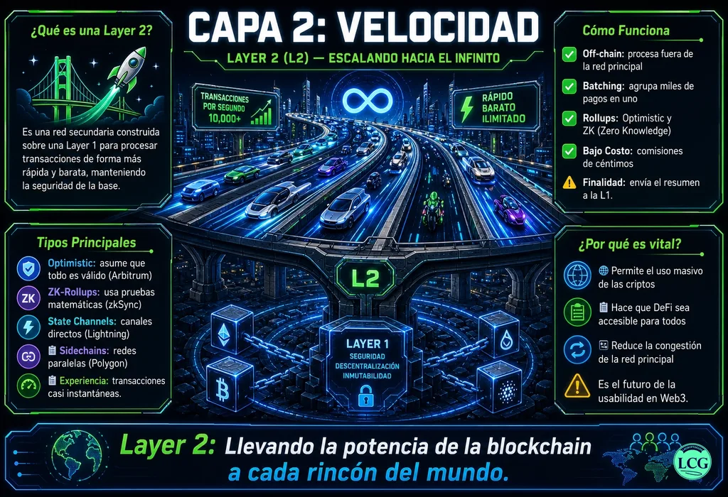 Infograf&iacute;a explicativa sobre Layer 2 en blockchain y crypto